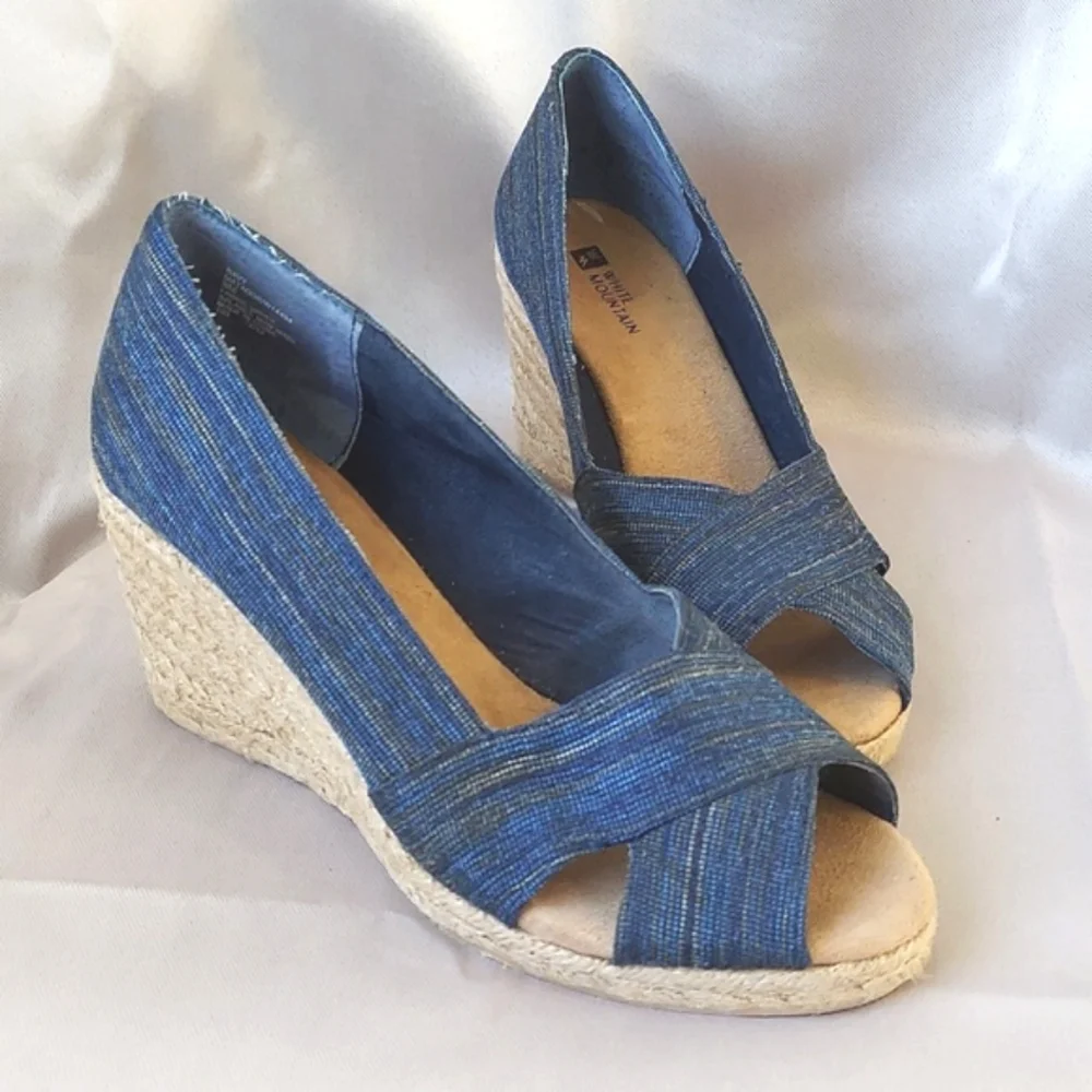 White‎ Mountain Shoes, Size 9, Blue Open Toe, Wedge Heel, Espadrille Style, New!